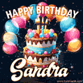 Hand-drawn happy birthday cake adorned with an arch of colorful balloons - name GIF for Sandra