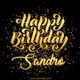 Animated GIF with colorful, festive 'Happy Birthday Sandro' text decorated with patterns, a party hat, and falling confetti. A vibrant and cheerful design for birthday celebrations.