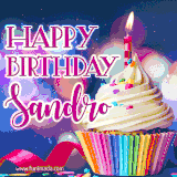 A festive animated GIF featuring a colorful cupcake with a single lit candle, sprinkles, and 'Happy Birthday Sandro' text against a sparkling, celebratory background.
