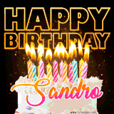 A vibrant animated GIF featuring a delicious birthday cake topped with glowing candles and the name 'Sandro' in elegant script, and the words 'Happy Birthday' on the black background.