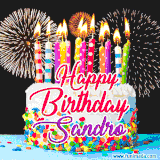 A lively happy birthday animated GIF showcasing a colorful birthday cake covered in sprinkles, topped with glowing candles, and surrounded by vibrant fireworks. The name 'Sandro' is featured in elegant script.