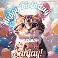 Happy birthday gif for Sanjay with cat and cake