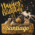 Celebrate Santiago's birthday with a GIF featuring chocolate cake, a lit sparkler, and golden stars