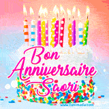 A white birthday cake covered in colorful sprinkles, topped with bright candles, and French text 'Bon Anniversaire Saori' on a pastel gradient background in an animated GIF.