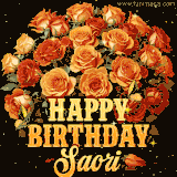 Animated bouquet of orange roses with moving butterfles and golden 'Happy Birthday Saori' text, surrounded by sparkling accents and a dark backdrop for a luxurious feel.