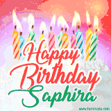 Bright birthday candles with rainbow flames on a cake, alongside the text 'Happy Birthday Saphira' in vibrant script in this celebratory animated GIF.