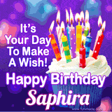 A colorful birthday GIF for Saphira featuring a cupcake with vibrant lit candles and the text 'It's Your Day to Make a Wish! Happy Birthday Saphira' in bold letters on a festive purple background.