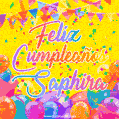 A bright and festive GIF with the text 'Feliz Cumpleaños Saphira' in Spanish in colorful fonts, surrounded by confetti, balloons, and festive banners on a vibrant yellow background.