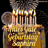 A chocolate birthday cake with glowing candles, the German text 'Alles Gute zum Geburtstag Saphira,' and vibrant fireworks lighting up the background in an animated GIF.