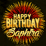 Golden 'Happy Birthday Saphira' text accompanied by animated rainbow fireworks for a festive animated greeting.