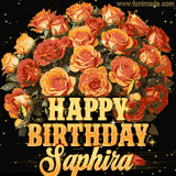 Animated bouquet of orange roses with moving butterfles and golden 'Happy Birthday Saphira' text, surrounded by sparkling accents and a dark backdrop for a luxurious feel.