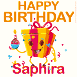 A vibrant and funny gift box character with a happy face dancing with a cupcake and the text 'Happy Birthday Saphira,' surrounded by animated confetti and party vibes.