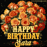 Animated bouquet of orange roses with moving butterfles and golden 'Happy Birthday Sara' text, surrounded by sparkling accents and a dark backdrop for a luxurious feel.