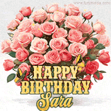 Golden 'Happy Birthday Sara' text beneath a vibrant bouquet of orange roses, complete with glittering butterflies and sparkling details.