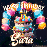 Bright birthday animation for Sara with a chocolate cake, candles, balloons, and glowing celebratory lights.