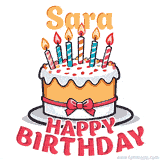 Cartoon birthday cake with a red bow, glowing candles, and 'Sara Happy Birthday' text in bold animated style.