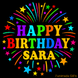 Personalized greeting card with name, colorful text that says 'Happy Birthday Sara' surrounded by animated fireworks and multicolor stars