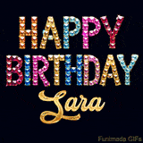 Vibrant luxury birthday greeting card for Sara, showing glittering gemstone letters and golden calligraphy on a dark background with twinkling shine effects.
