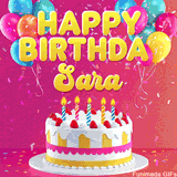 Pink-themed animated greeting with balloons, confetti, and a frosted cake under the message 'Happy Birthday Sara' in bold rounded yellow font.