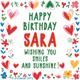 A colorful animated card for Sara’s birthday featuring playful hearts, cheerful flowers, and a handwritten message wishing smiles and sunshine.