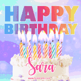 A vibrant animated name GIF with the words 'Happy Birthday Sara' with colorful candles on a creamy cake. The background sparkles with pastel shades, adding a festive touch.