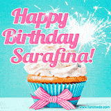 A festive cupcake with pink icing, a gingham bow, and a lit animated sparkler, paired with 'Happy Birthday Sarafina!' in bright pink text.