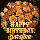 Animated bouquet of orange roses with moving butterfles and golden 'Happy Birthday Sarafina' text, surrounded by sparkling accents and a dark backdrop for a luxurious feel.