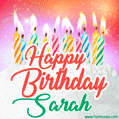 Happy Birthday GIF for Sarah with Birthday Cake and Lit Candles