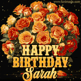 Animated bouquet of orange roses with moving butterfles and golden 'Happy Birthday Sarah' text, surrounded by sparkling accents and a dark backdrop for a luxurious feel.