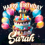 Bright birthday animation for Sarah with a chocolate cake, candles, balloons, and glowing celebratory lights.