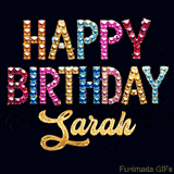 Vibrant luxury birthday greeting card for Sarah, showing glittering gemstone letters and golden calligraphy on a dark background with twinkling shine effects.