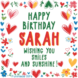 A colorful animated card for Sarah’s birthday featuring playful hearts, cheerful flowers, and a handwritten message wishing smiles and sunshine.