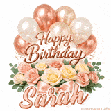 Stylish pink and gold Happy Birthday Sarah animation with floral decor