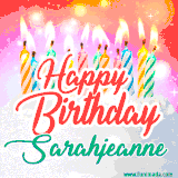 Bright birthday candles with rainbow flames on a cake, alongside the text 'Happy Birthday Sarahjeanne' in vibrant script in this celebratory animated GIF.