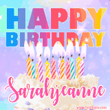 A vibrant animated name GIF with the words 'Happy Birthday Sarahjeanne' with colorful candles on a creamy cake. The background sparkles with pastel shades, adding a festive touch.