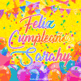 A bright and festive GIF with the text 'Feliz Cumpleaños Sarahy' in Spanish in colorful fonts, surrounded by confetti, balloons, and festive banners on a vibrant yellow background.