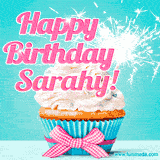 A festive cupcake with pink icing, a gingham bow, and a lit animated sparkler, paired with 'Happy Birthday Sarahy!' in bright pink text.