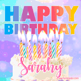 A vibrant animated name GIF with the words 'Happy Birthday Sarahy' with colorful candles on a creamy cake. The background sparkles with pastel shades, adding a festive touch.