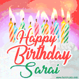 Bright birthday candles with rainbow flames on a cake, alongside the text 'Happy Birthday Sarai' in vibrant script in this celebratory animated GIF.