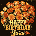 Beautiful bouquet of orange and red roses for Sarai, golden inscription and twinkling stars