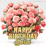 Golden 'Happy Birthday Sarai' text beneath a vibrant bouquet of orange roses, complete with glittering butterflies and sparkling details.