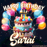 Bright birthday animation for Sarai with a chocolate cake, candles, balloons, and glowing celebratory lights.