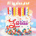 Personalized for Sarai elegant birthday cake adorned with rainbow sprinkles, colorful candles and glitter