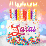 A cheerful white birthday cake with multicolor sprinkles, lit candles, and 'Sarai' written in vibrant letters, in an animated GIF.