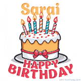 Cartoon birthday cake with a red bow, glowing candles, and 'Sarai Happy Birthday' text in bold animated style.