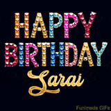 Vibrant luxury birthday greeting card for Sarai, showing glittering gemstone letters and golden calligraphy on a dark background with twinkling shine effects.