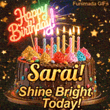 An animated birthday card featuring a detailed chocolate cake under falling gold dust, personalized for Sarai.