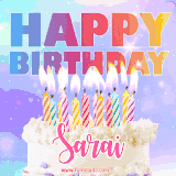 A vibrant animated name GIF with the words 'Happy Birthday Sarai' with colorful candles on a creamy cake. The background sparkles with pastel shades, adding a festive touch.