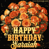 Animated bouquet of orange roses with moving butterfles and golden 'Happy Birthday Saraiah' text, surrounded by sparkling accents and a dark backdrop for a luxurious feel.