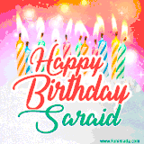 Bright birthday candles with rainbow flames on a cake, alongside the text 'Happy Birthday Saraid' in vibrant script in this celebratory animated GIF.